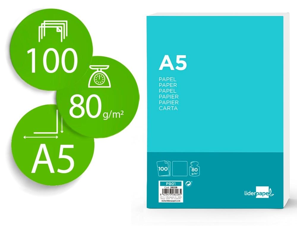 PAPEL LIDERPAPEL A5 80G/M2 LISO PAQUETE DE 100 HOJAS COD 28228