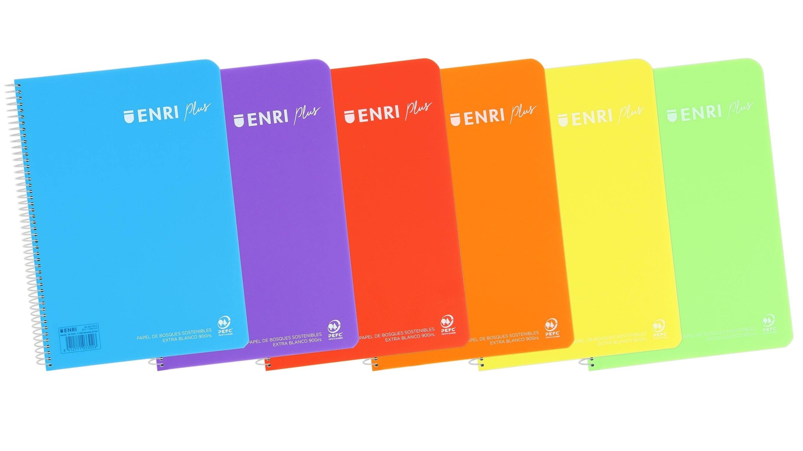CUADERNO ESPIRAL ENRI PLUS TAPA PLASTICO FOLIO 80 H 90 G. PAUTA 2,5MM COLORES SURTIDOS