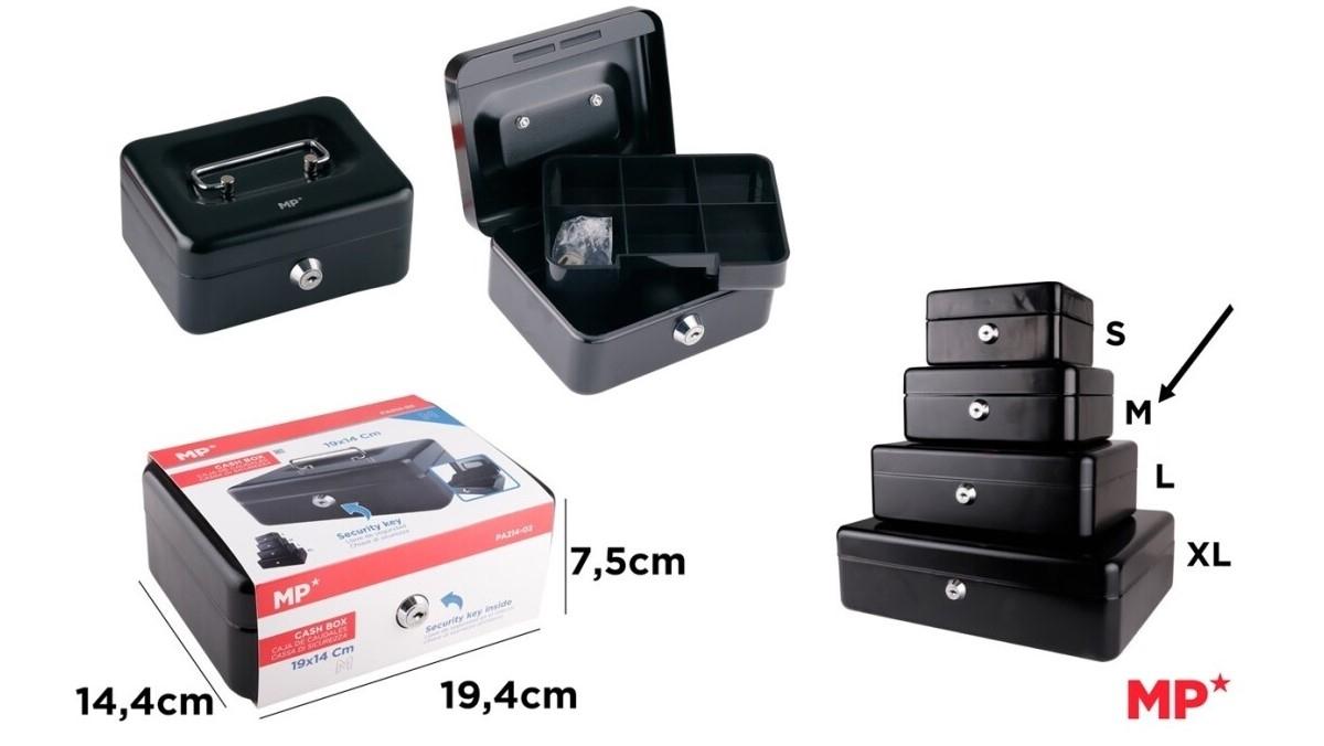 CAJA CAUDALES MP TAMAÑO M 194X144X75 MM CON PORTAMONEDAS COLOR NEGRO