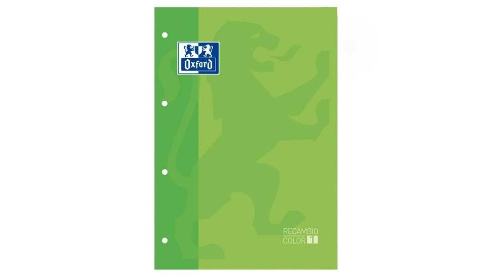 RECAMBIO COLOR 1 OXFORD DIN A4 80 HOJAS 90 GR CUADROS 5 MM 4 TALADROS COLOR VERDE MANZANA