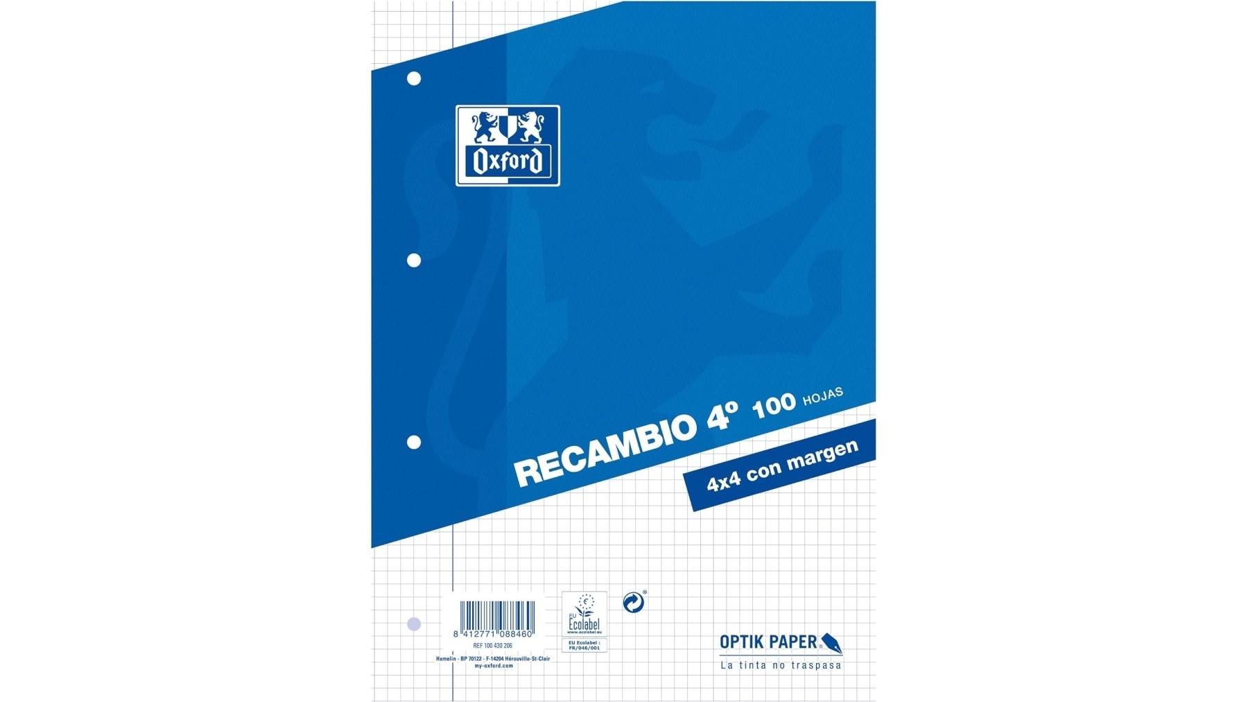 RECAMBIO OXFORD CUARTO A5 100 HOJAS 90 GR CUADROS 4 MM 4 TALADROS COLOR AZUL