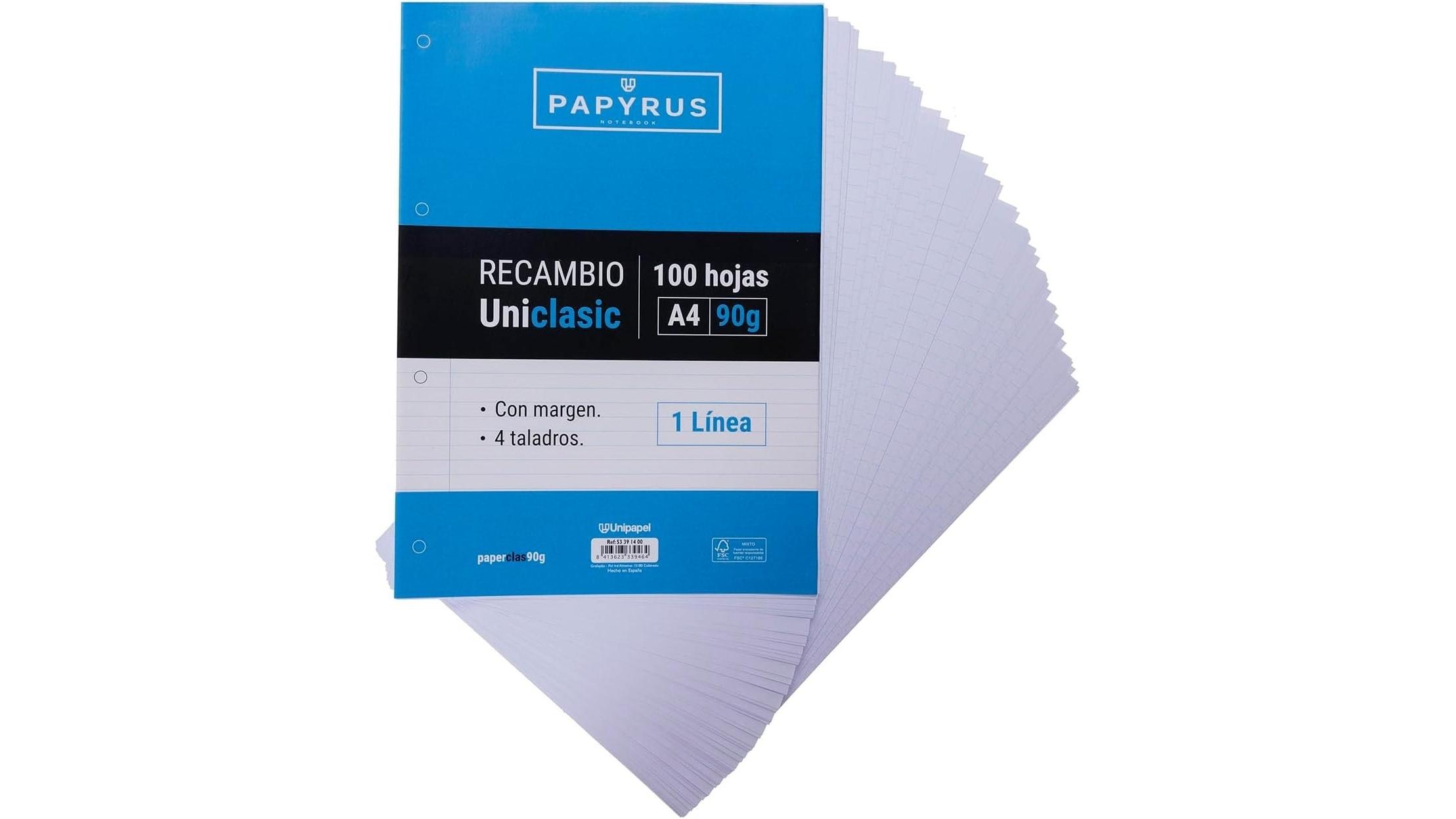 RECAMBIO PAPYRUS DIN A4 100 HOJAS 90 GR 1 LINEA CON MARGEN Y 4 TALADROS