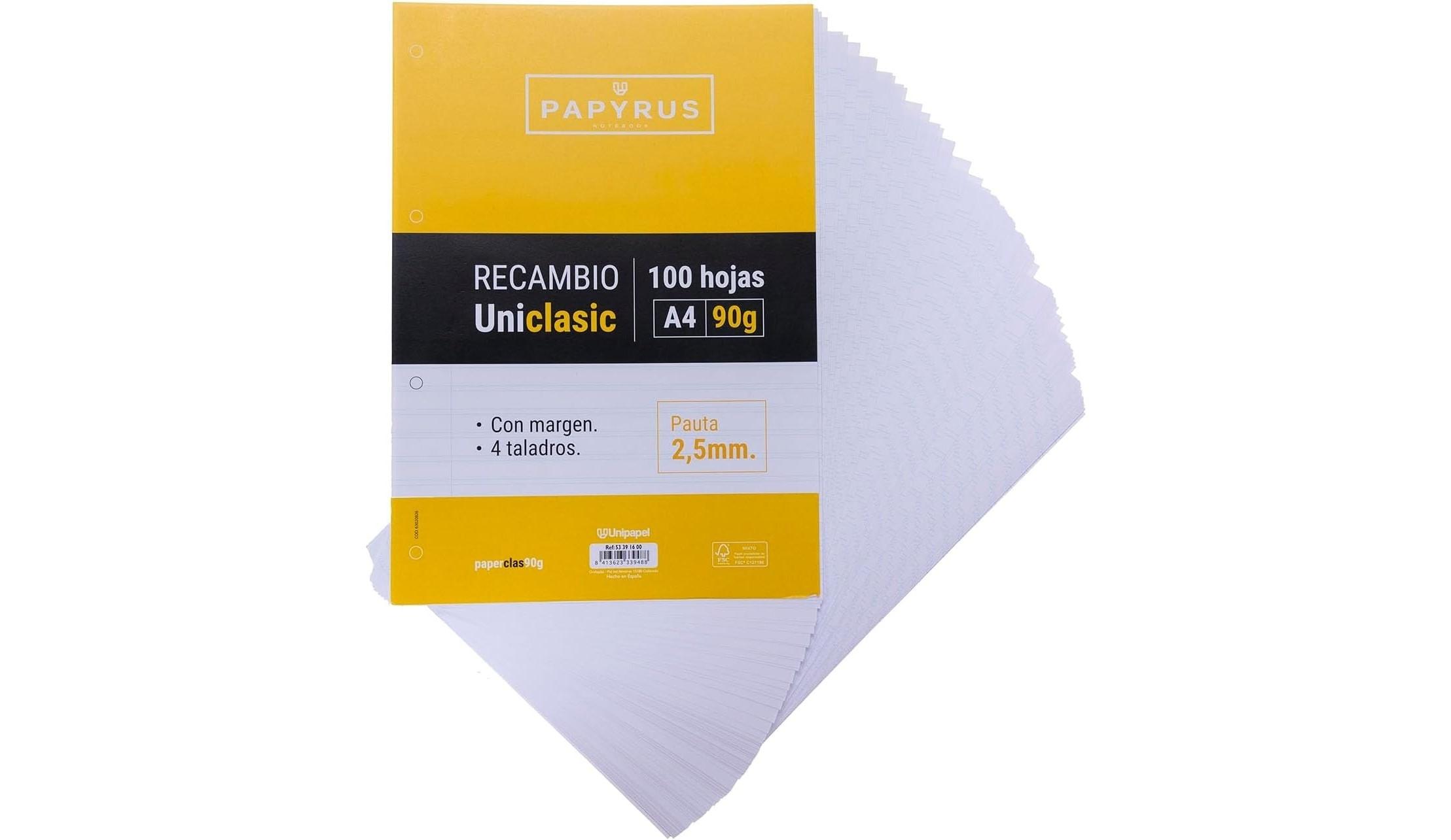 RECAMBIO PAPYRUS DIN A4 100 HOJAS 90 GR PAUTA 2,5MM CON MARGEN Y 4 TALADROS