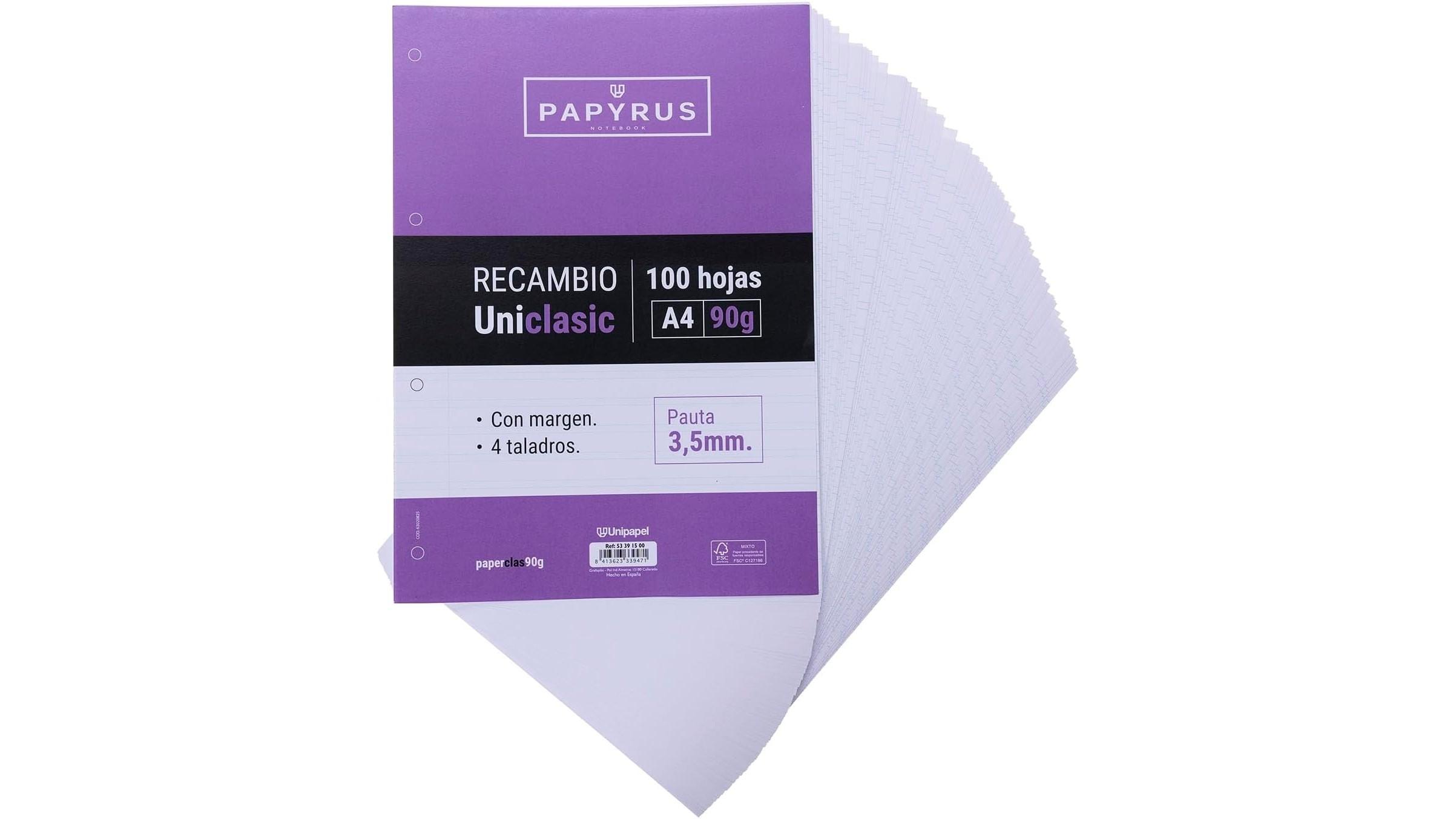 RECAMBIO PAPYRUS DIN A4 100 HOJAS 90 GR PAUTA 3,5MM CON MARGEN Y 4 TALADROS