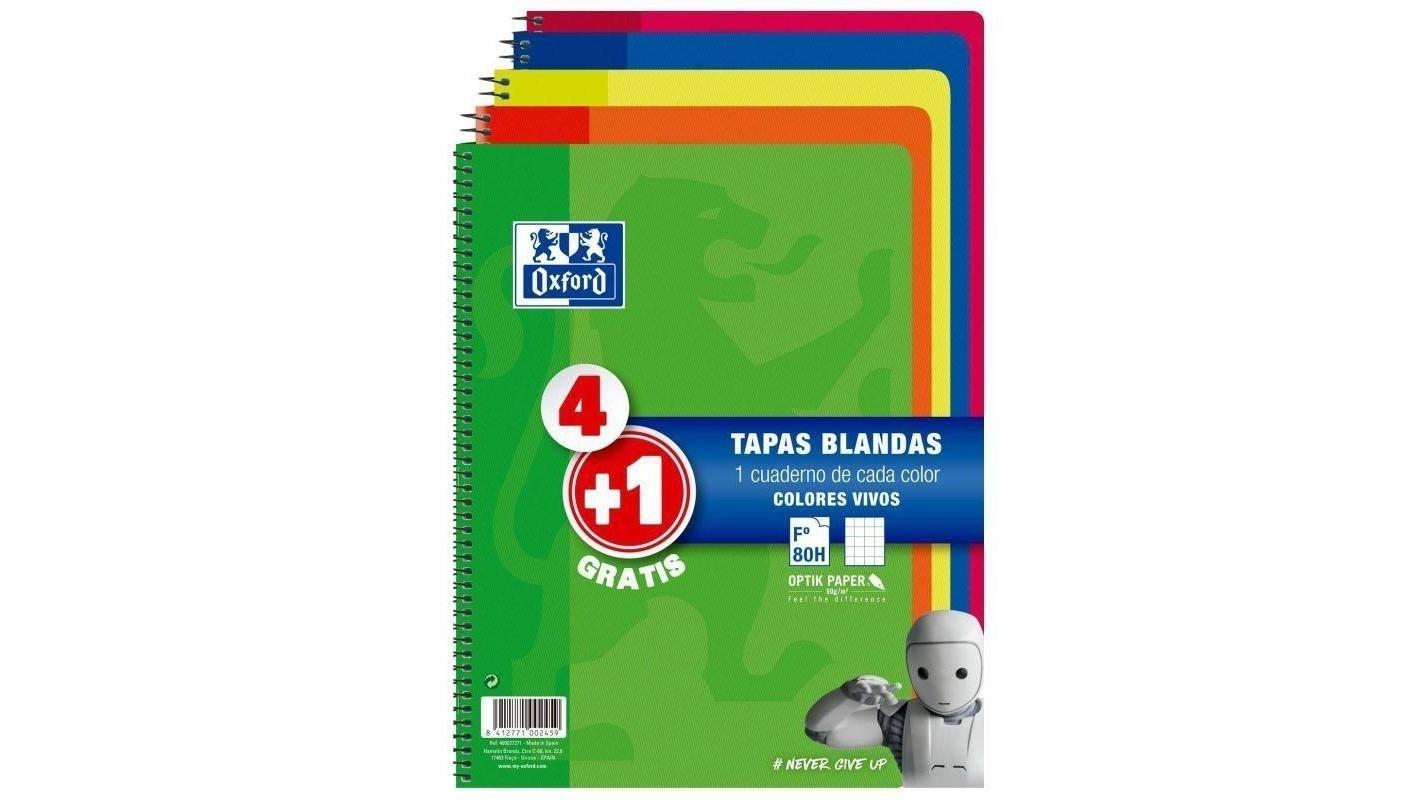 PACK 4+1 CUADERNOS TAPAS BLANDAS OXFORD FOLIO 80 HOJAS 90 G. CUADROS 4X4 COLORES VIVOS