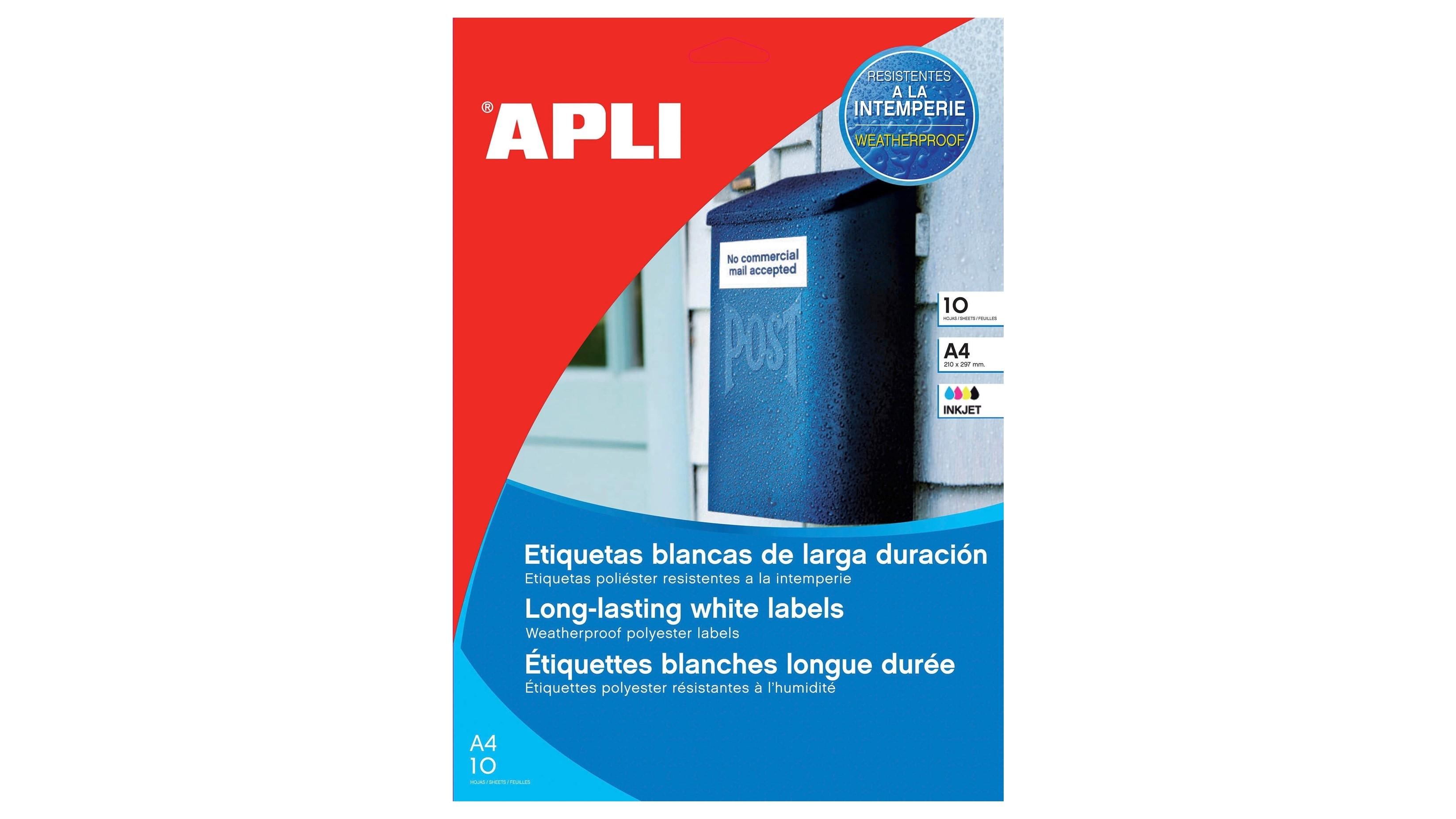PAQUETE 10 HOJAS ETIQUETAS BLANCAS RESISTENTES INTEMPERIE 99,1 X 139 MM APLI RF 16684