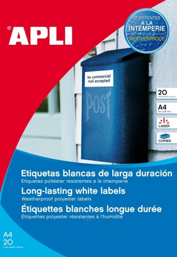 PAQUETE 20 HOJAS ETIQUETAS BLANCAS POLIESTER APLI 99,1 X 38,1 CANTOS ROMOS RESISTENTES INTEMPERIE RF 12113