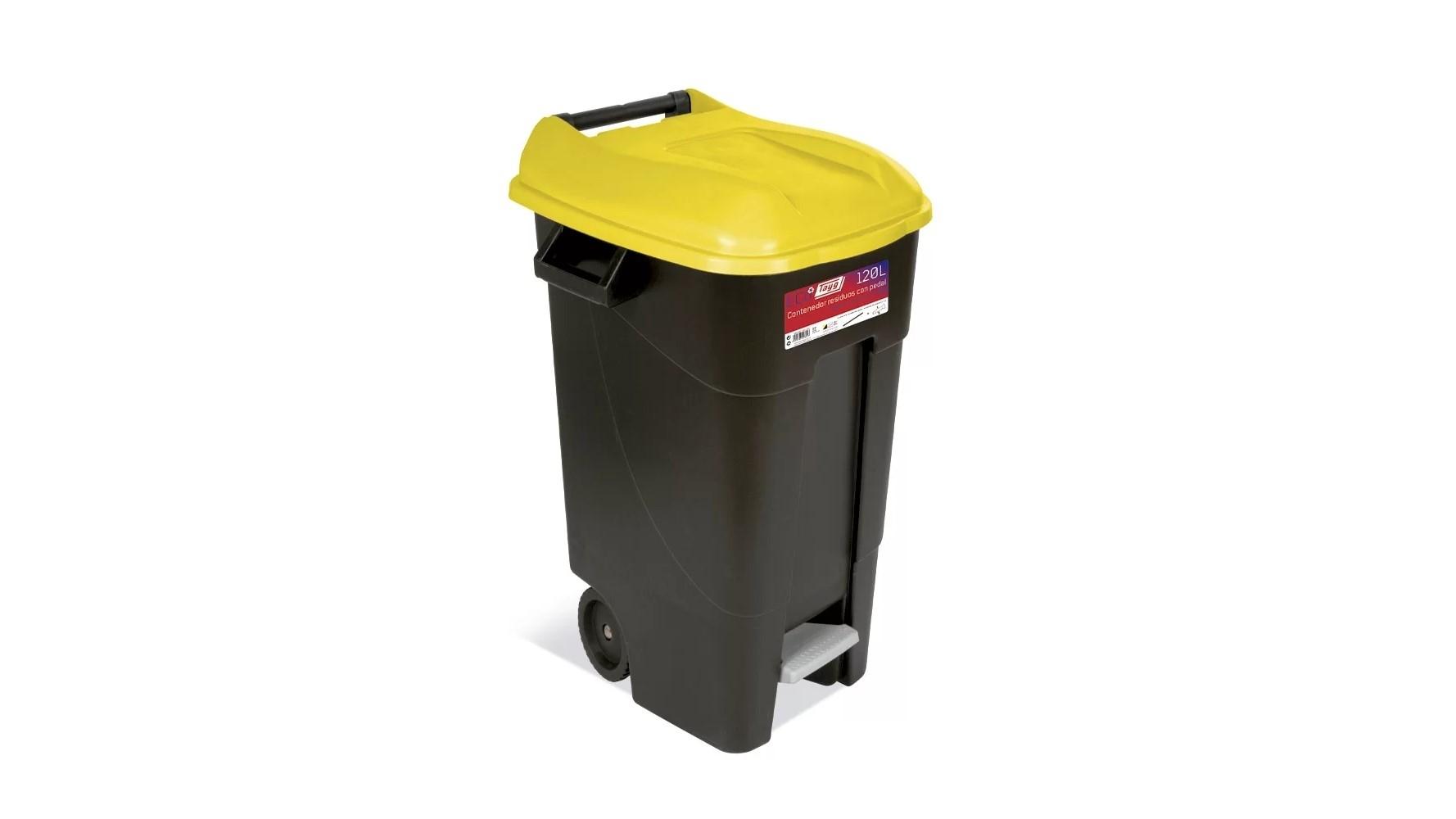CONTENEDOR DE RECICLAJE TAYG CON RUEDAS Y PEDAL 120 L NEGRO CON TAPA AMARILLA