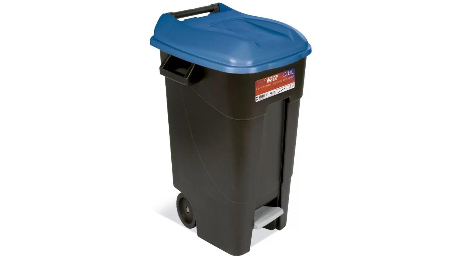 CONTENEDOR DE RECICLAJE TAYG CON RUEDAS Y PEDAL 120 L NEGRO CON TAPA AZUL