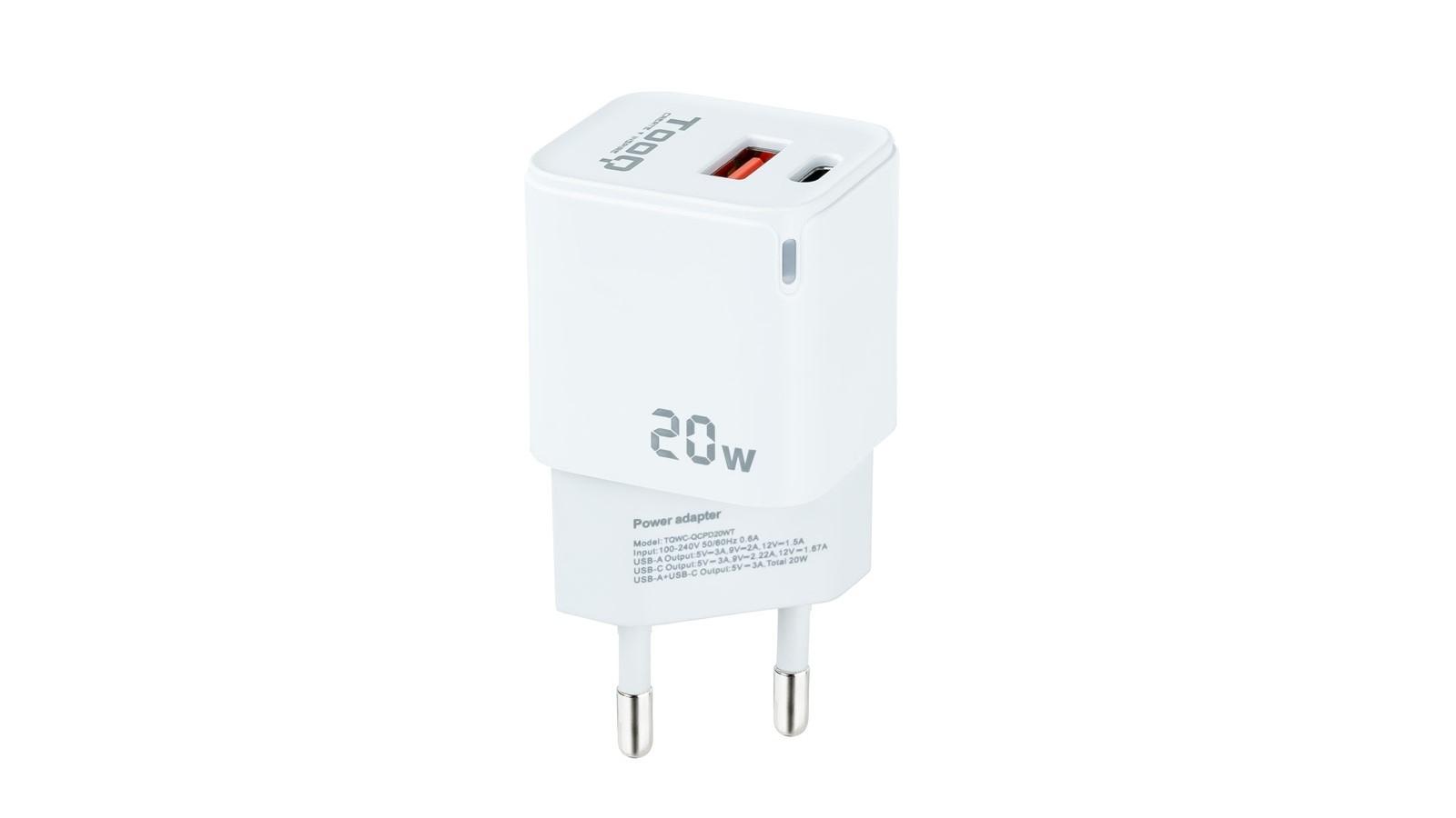 CARGADOR DE PARED TOOQ USB C + USB A 20W COLOR BLANCO
