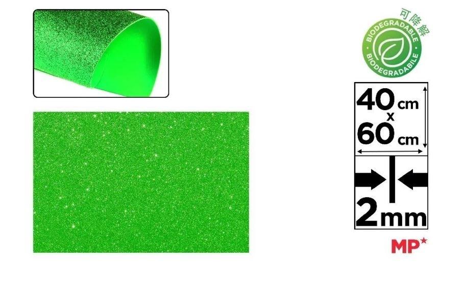 GOMA EVA CON PURPURINA BIODEGRADABLE MP 40X60CM ESPESOR 2MM COLOR VERDE