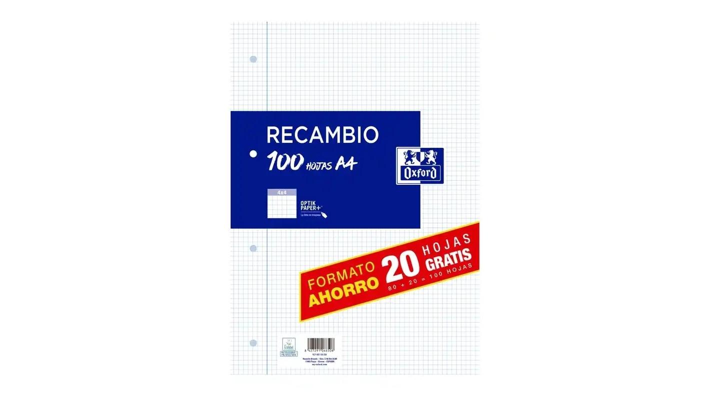 RECAMBIO OXFORD DIN A4 80 + 20 HOJAS GRATIS 90 GR CUADRO 4 MM 4 TALADROS