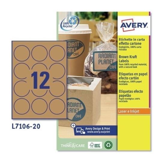 CAJA 20 HOJAS ETIQUETAS AVERY PAPEL KRAFT REDONDAS 60 MM 240 UNIDADES