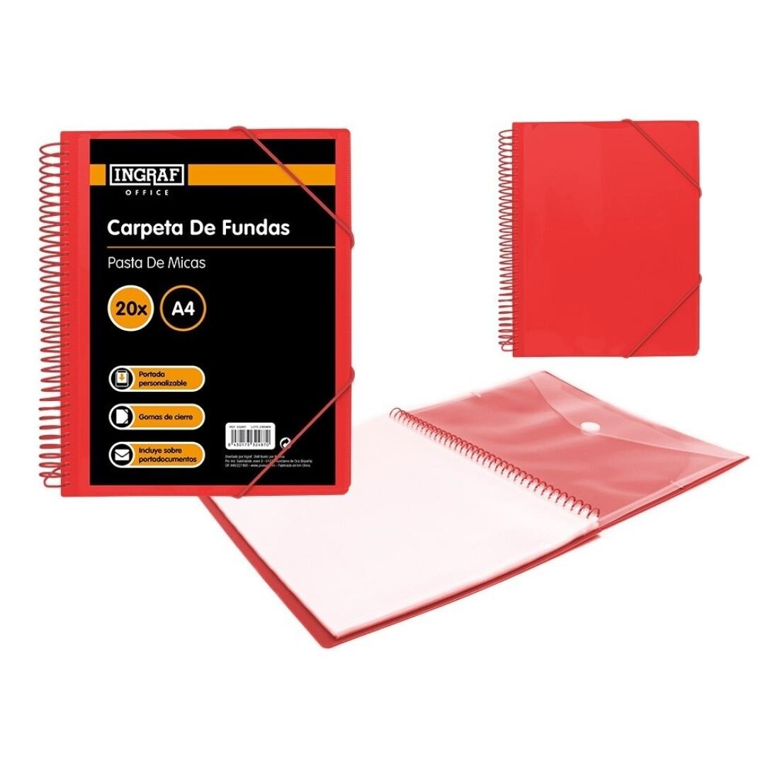 CARPETA ESCAPARATE CON ESPIRAL 20 FUNDAS INGRAF CON SOBRE POLIPROPILENO DIN A4 COLOR ROJO