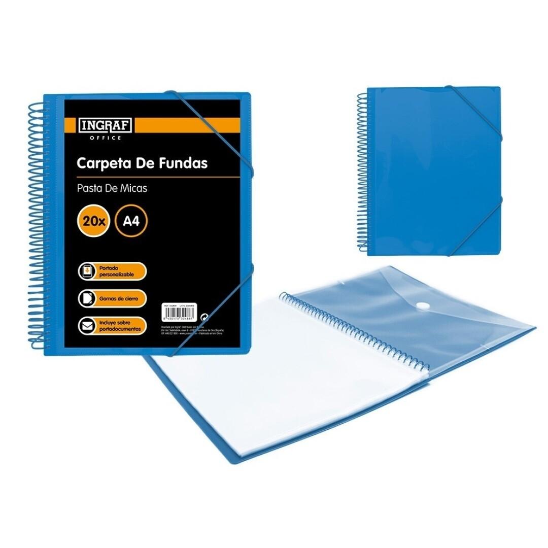 CARPETA ESCAPARATE CON ESPIRAL 20 FUNDAS INGRAF CON SOBRE POLIPROPILENO DIN A4 COLOR AZUL