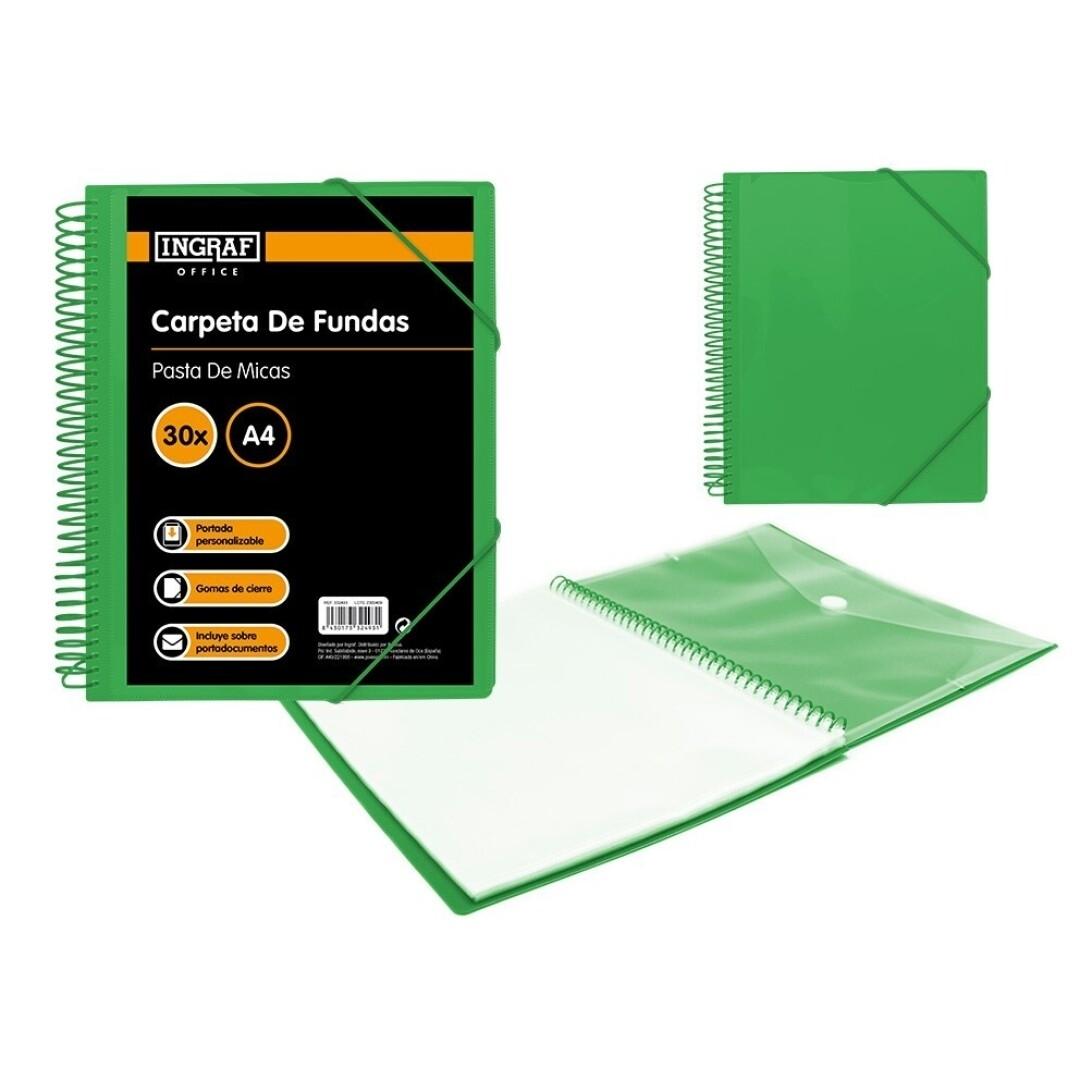 CARPETA ESCAPARATE CON ESPIRAL 30 FUNDAS INGRAF CON SOBRE POLIPROPILENO DIN A4 COLOR VERDE