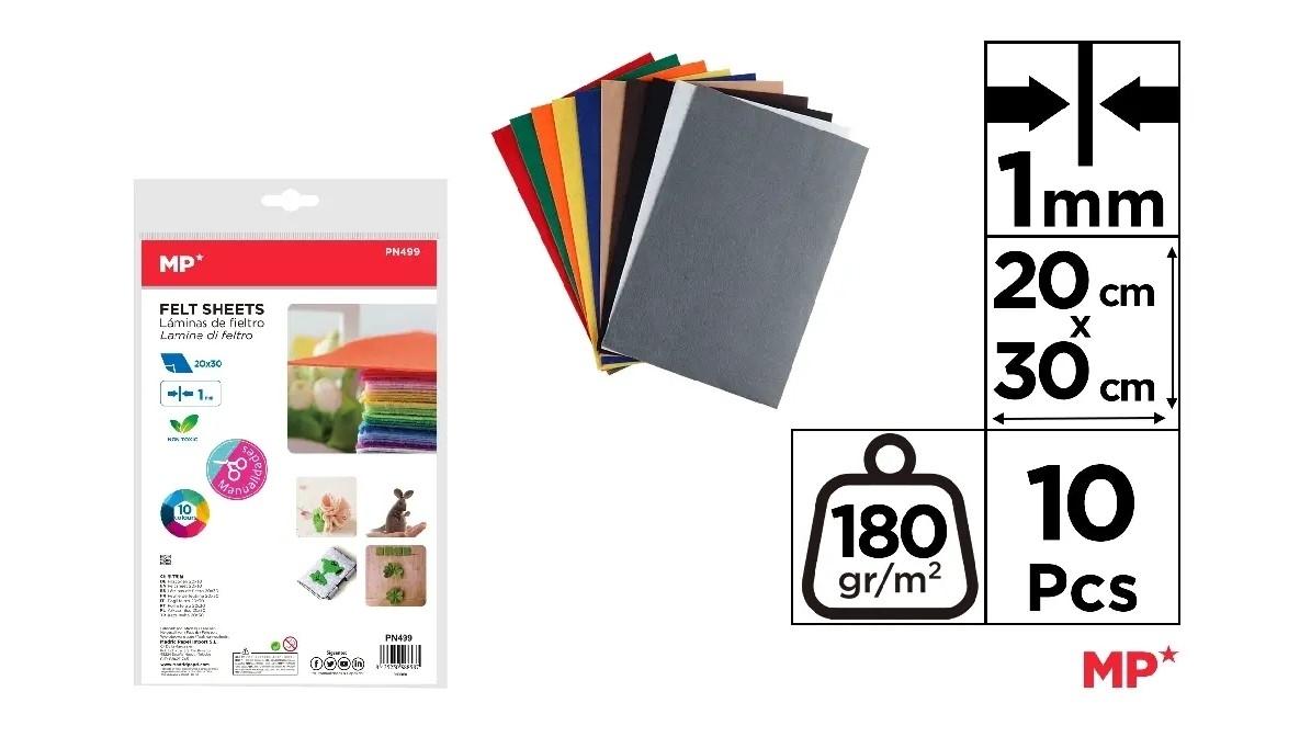 BLISTER 10 HOJAS FIELTRO MP 20X30 CM 180 GRS COLORES SURTIDOS