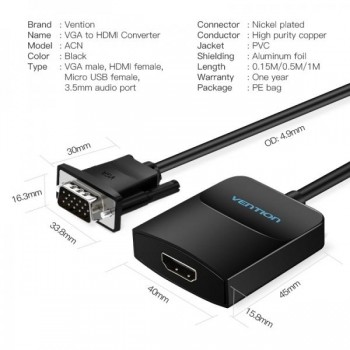 CONVERTIDOR VENTION VGA MACHO A HDMI HEMBRA 0,15 M COLOR NEGRO