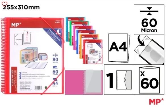 CARPETA 60 FUNDAS A4 MP PORTADA INTERCAMBIABLE 310X255 MM COLORES SURTIDOS