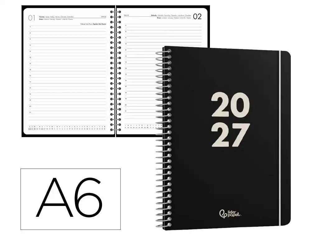 AGENDA OFICINA LIDERPAPEL 2027 ESPIRAL BASIC DIA PAGINA A6 BILINGUE 60G PAPEL FSC NEGRO