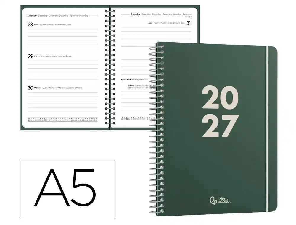 AGENDA OFICINA LIDERPAPEL 2027 ESPIRAL BASIC SEMANA VISTA A5 BILINGUE 60G PAPEL FSC VERDE