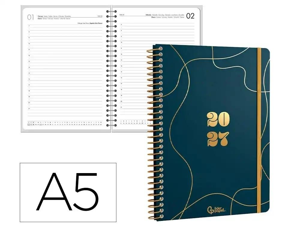 AGENDA OFICINA LIDERPAPEL 2027 ESPIRAL PERISSA DIA PAGINA A5 BILINGUE 80G PAPEL FSC AZUL MARINO