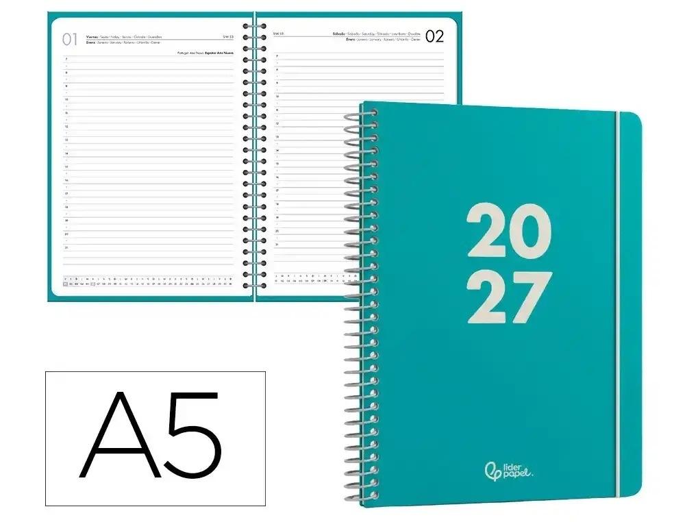 AGENDA OFICINA LIDERPAPEL 2027 ESPIRAL BASIC DIA PAGINA A5 BILINGUE 60G PAPEL FSC TURQUESA