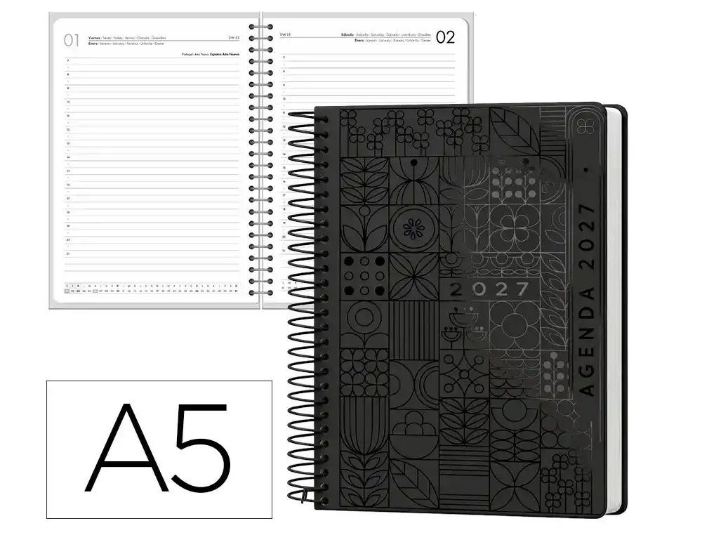 AGENDA OFICINA LIDERPAPEL 2027 ESPIRAL SYROS DIA PAGINA A5 BILINGUE 60G PAPEL FSC NEGRO