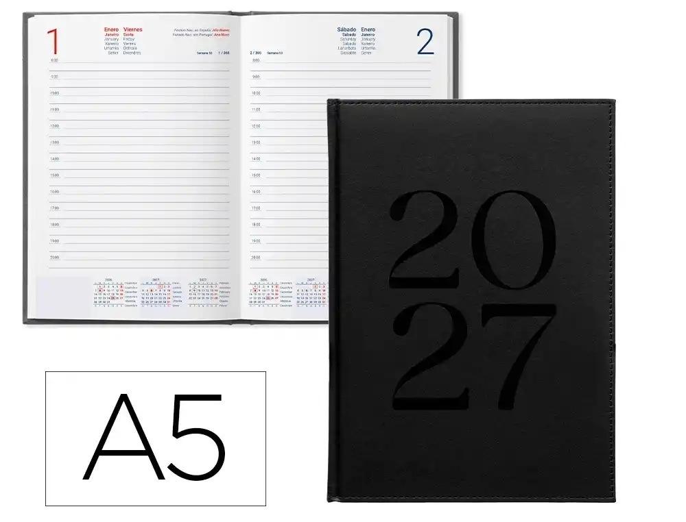 AGENDA OFICINA LIDERPAPEL 2027 ENCUADERNADA CRETA DIA PAGINA A5 BILINGUE 70G PAPEL FSC NEGRO