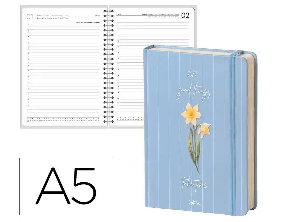 AGENDA OFICINA LIDERPAPEL 2027 ENCUADERNADA FLOWERS A SEMANA VISTA A5 BILINGUE 70G PAPEL FSC CELESTE