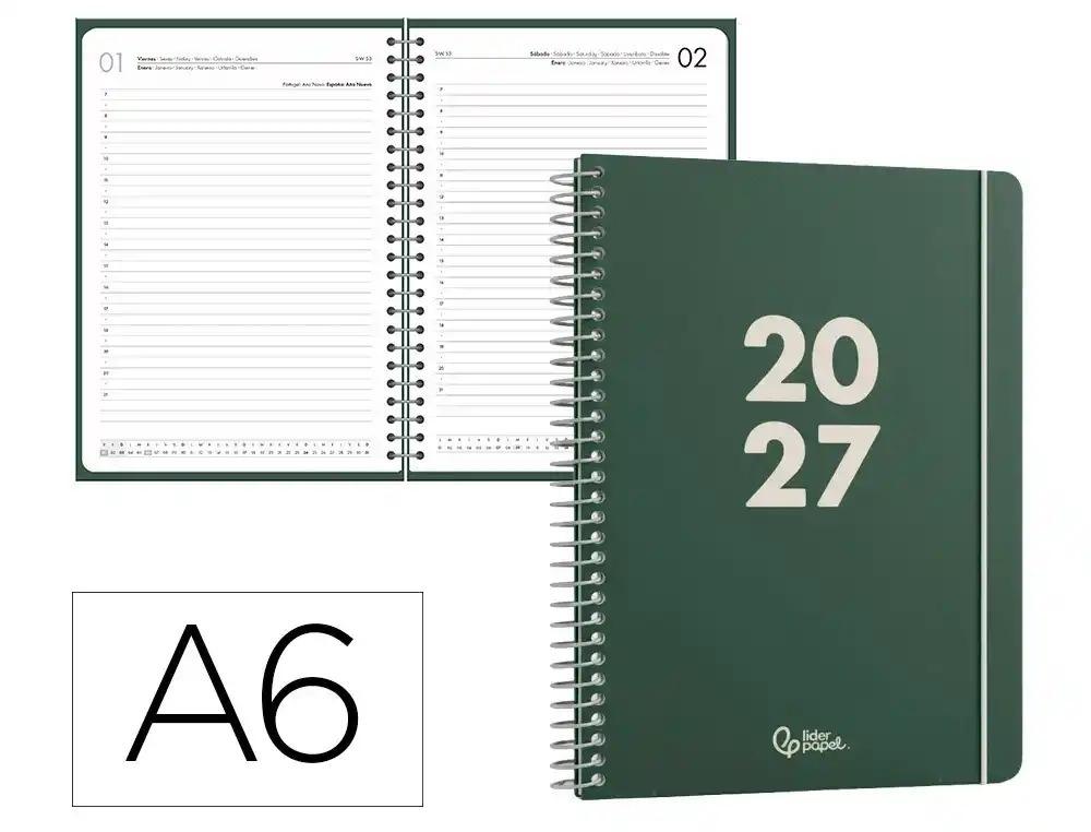 AGENDA OFICINA LIDERPAPEL 2027 ESPIRAL BASIC DIA PAGINA A6 BILINGUE 60G PAPEL FSC VERDE