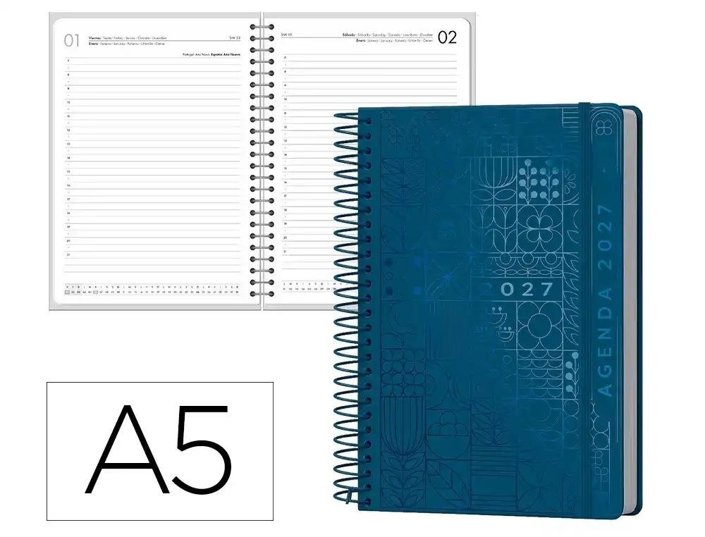 AGENDA OFICINA LIDERPAPEL 2027 ESPIRAL SYROS DIA PAGINA A5 BILINGUE 60G PAPEL FSC AZUL MARINO