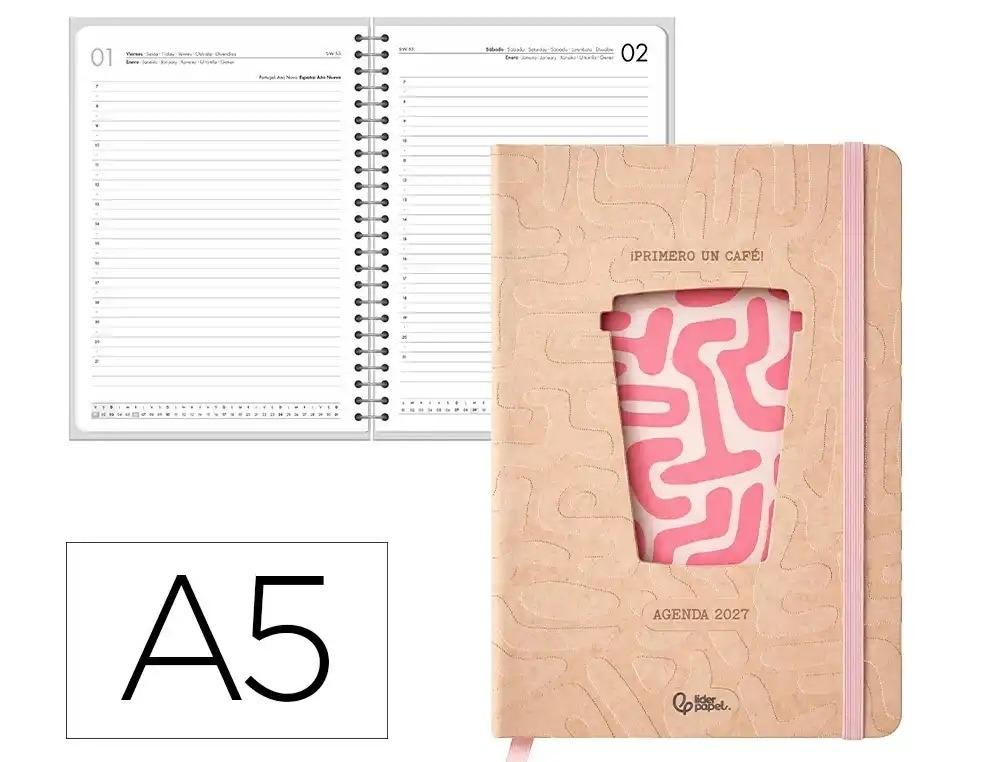 AGENDA OFICINA LIDERPAPEL 2027 ENCUADERNADA COFFE DIA PAGINA A5 BILINGUE 70G PAPEL FSC ROSA