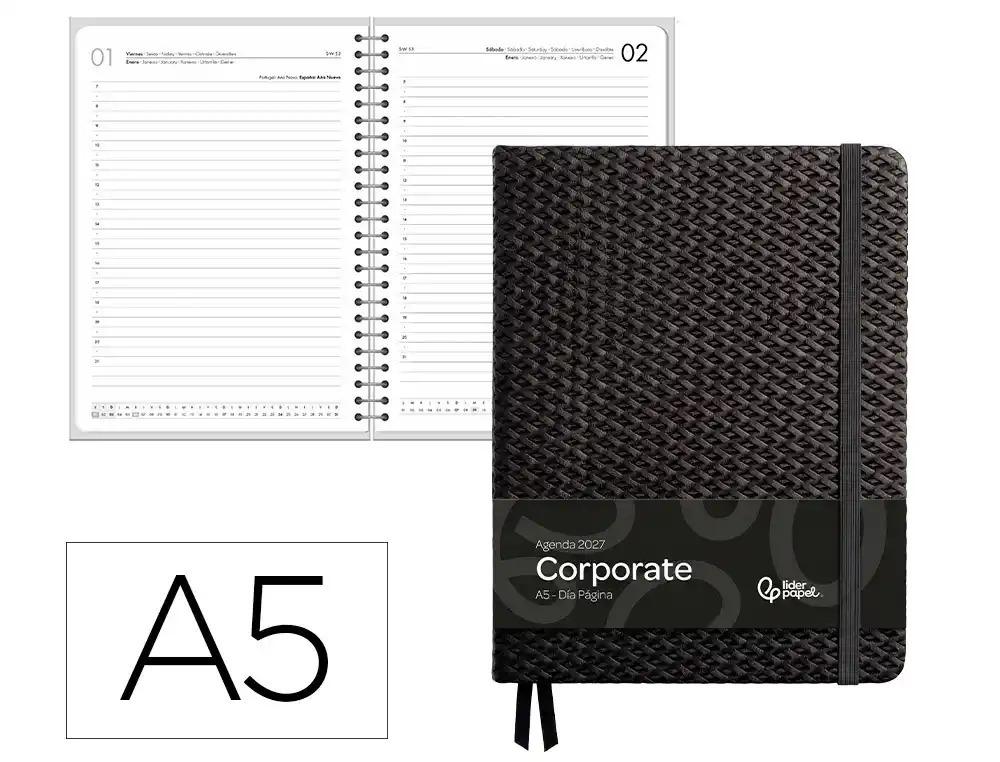 AGENDA OFICINA LIDERPAPEL 2027 ENCUADERNADA CORPORATE DIA PAGINA A5 BILINGUE 70G PAPEL FSC NEGRO