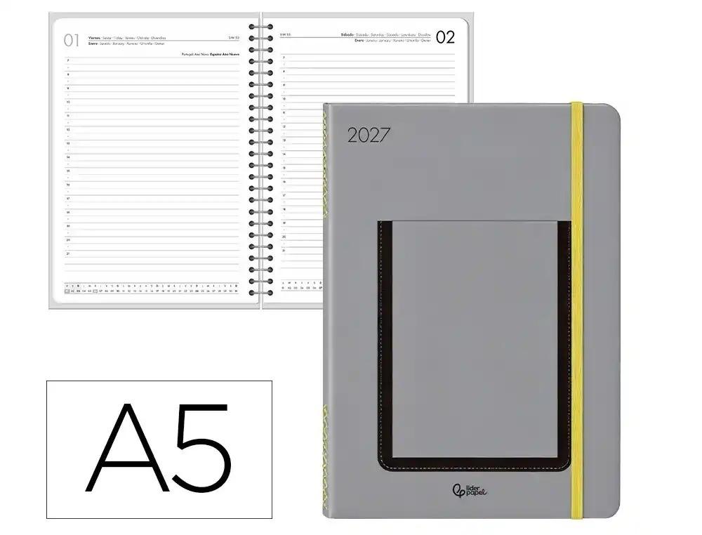 AGENDA OFICINA LIDERPAPEL 2027 ENCUADERNADA RODAS DIA PAGINA A5 BILINGUE 70G PAPEL FSC GRIS