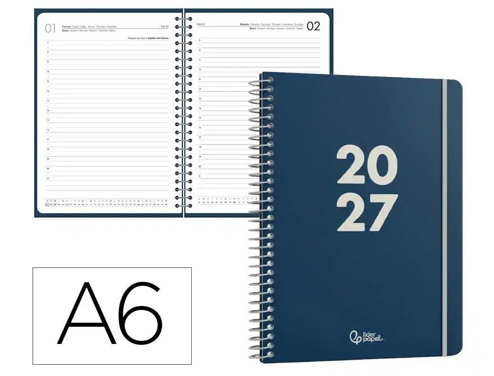 AGENDA OFICINA LIDERPAPEL 2027 ESPIRAL BASIC DIA PAGINA A6 BILINGUE 60G PAPEL FSC AZUL