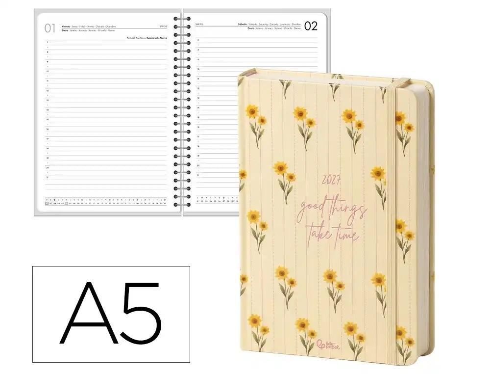 AGENDA OFICINA LIDERPAPEL 2027 ENCUADERNADA FLOWERS A SEMANA VISTA A5 BILINGUE 70G PAPEL FSC AMARILLO