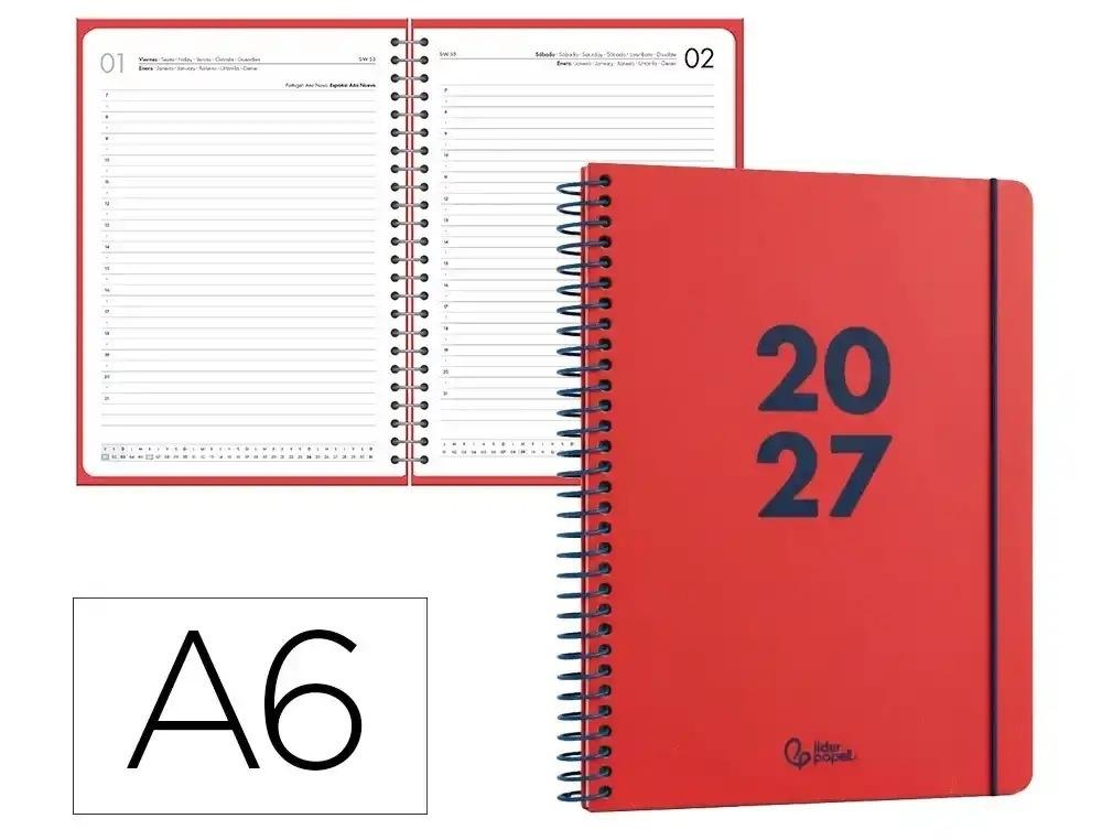 AGENDA OFICINA LIDERPAPEL 2027 ESPIRAL BASIC DIA PAGINA A6 BILINGUE 60G PAPEL FSC ROJO