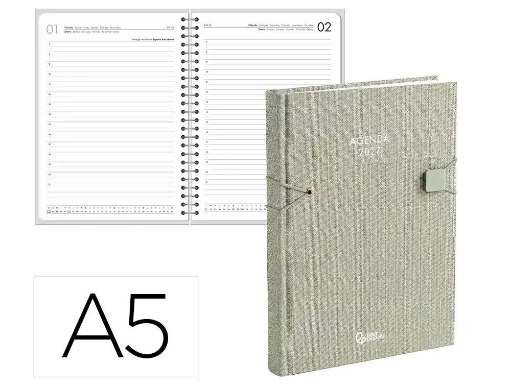 AGENDA OFICINA LIDERPAPEL 2027 ENCUADERNADA LESBOS DIA PAGINA A5 BILINGUE 70G PAPEL FSC VERDE