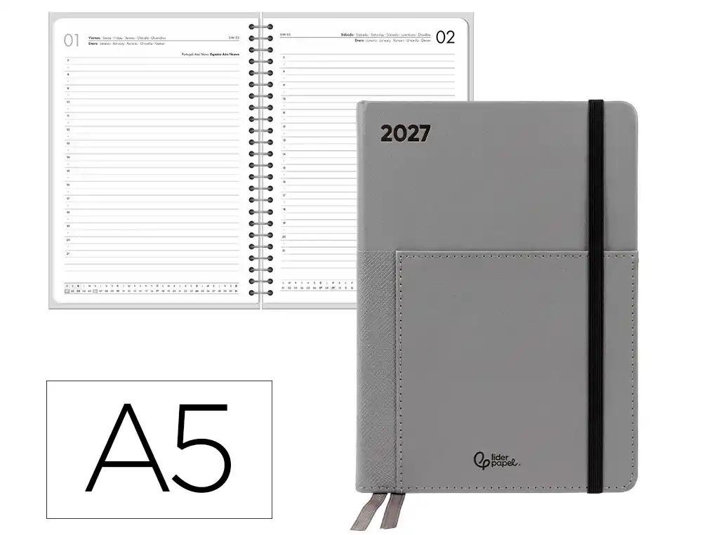 AGENDA OFICINA LIDERPAPEL 2027 ENCUADERNADA NAXOS DIA PAGINA A5 BILINGUE 70G FSC GRIS