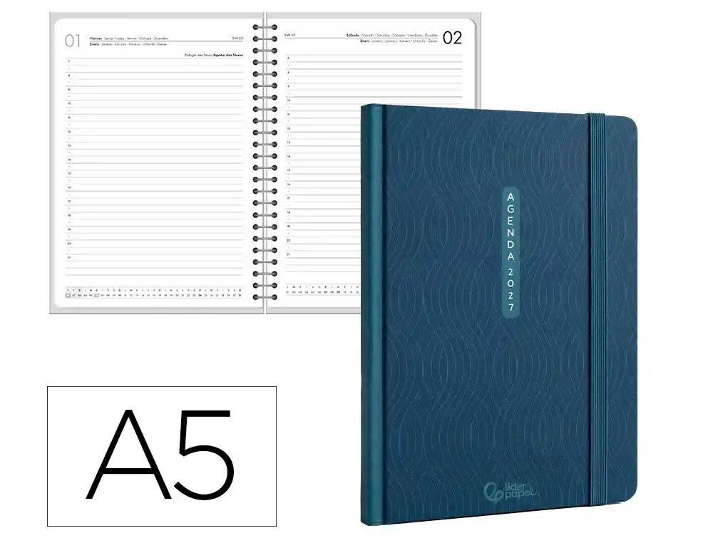 AGENDA OFICINA LIDERPAPEL 2027 ENCUADERNADA PAROS DIA PAGINA A5 BILINGUE 70G PAPEL FSC AZUL