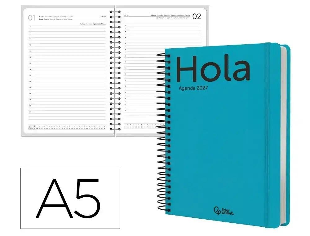AGENDA OFICINA LIDERPAPEL 2027 ESPIRAL CLASSIC DIA PAGINA A5 BILINGUE 70G PAPEL FSC TURQUESA