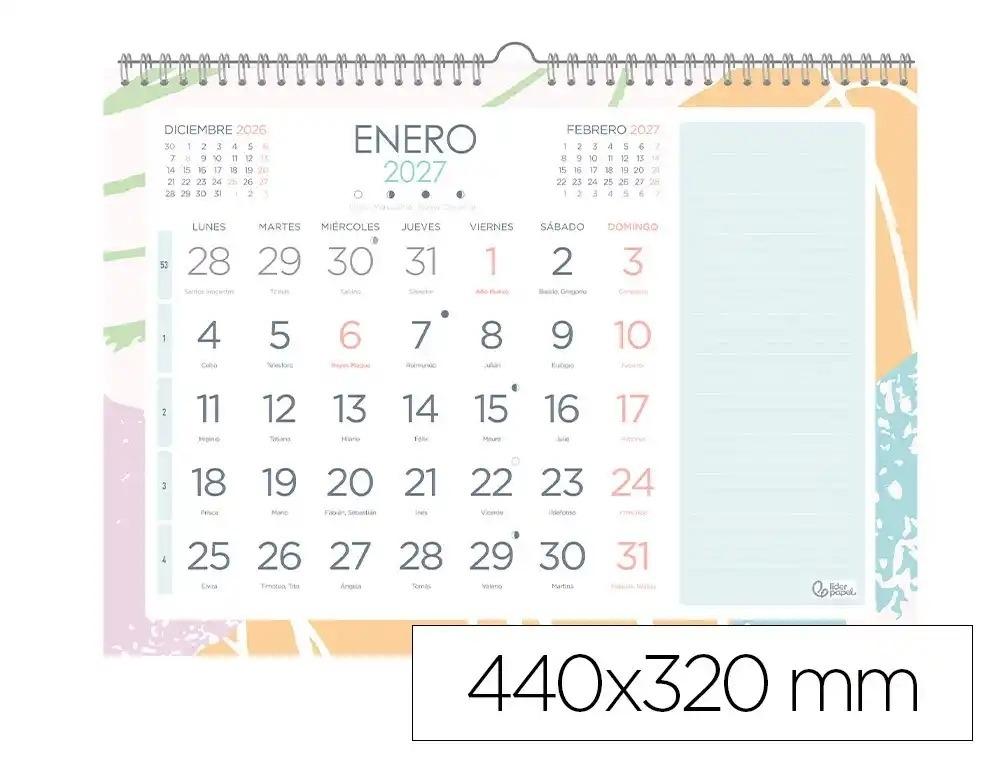 CALENDARIO ESPIRAL PARED LIDERPAPEL JOVEN 2027 NUMEROS GRANDES 440X320 MM PAPEL 128 G CON PEGATINAS
