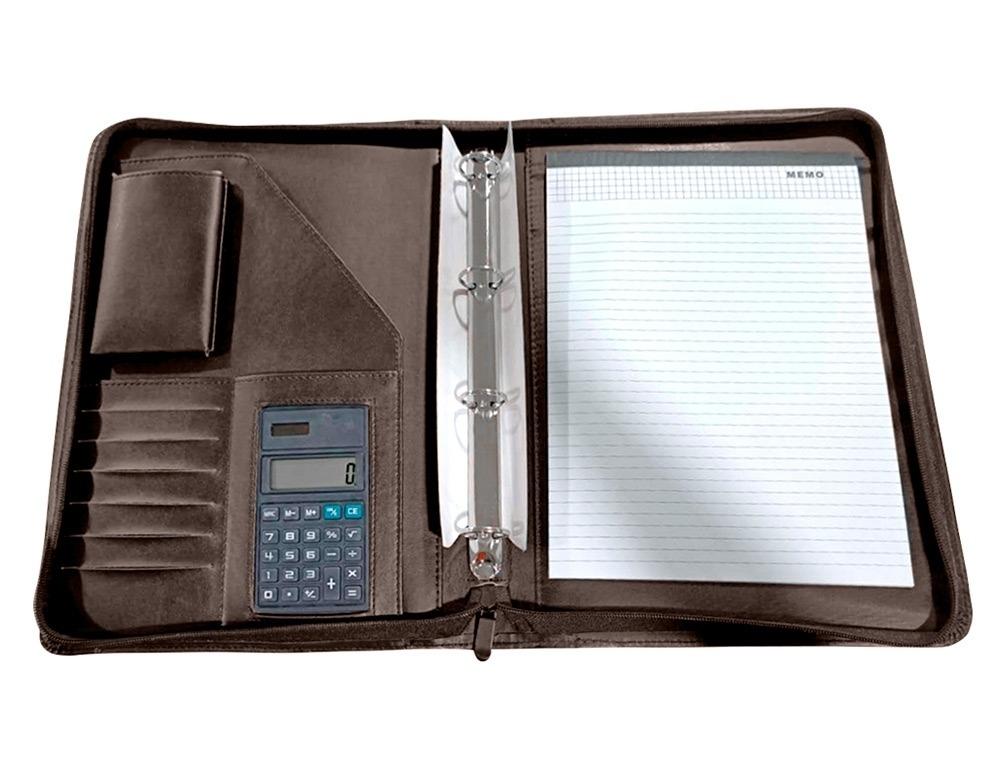 CARPETA PORTAFOLIOS Q-CONNECT CREMALLERA 4 ANILLAS 20 MM CON CALCULADORA CON BOLSA PARA MOVIL COLOR MARRON 260X355 MM