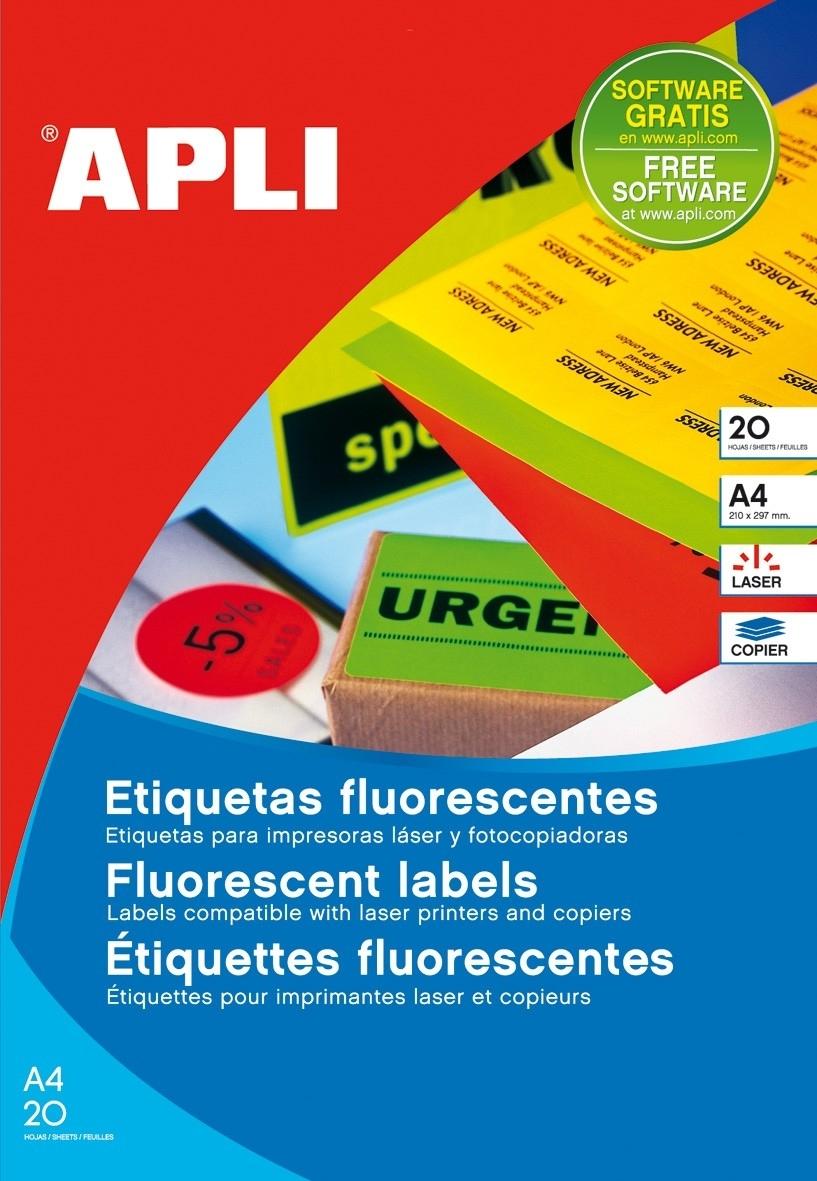PAQUETE 10 HOJAS ETIQUETAS APLI AMARILLO FLUOR 64,0 X 33,9 RF 2870