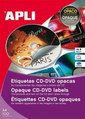 CAJA 100 HOJAS ETIQUETAS CD/DVD PERMANENTES DORSO OPACO APLI 10294