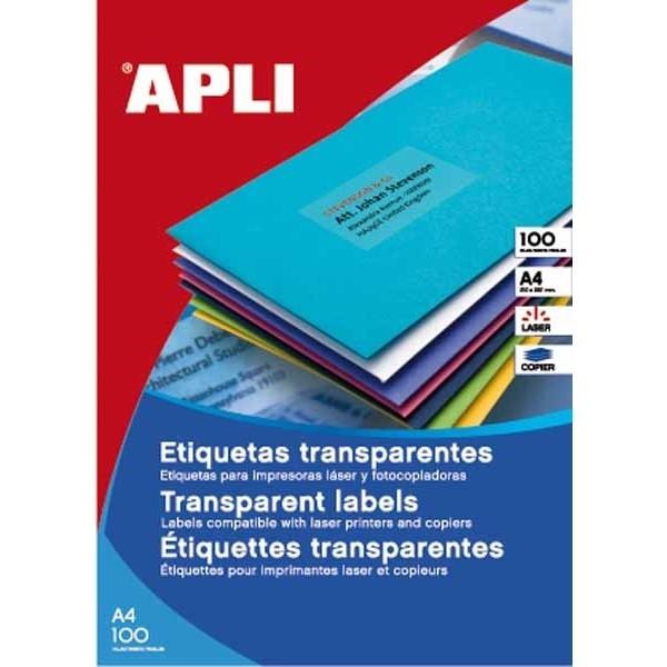 PAQUETE 20 HOJAS ETIQUETAS 210 X 297 POLIESTER TRANSPARENTES LASER APLI RF. 1225