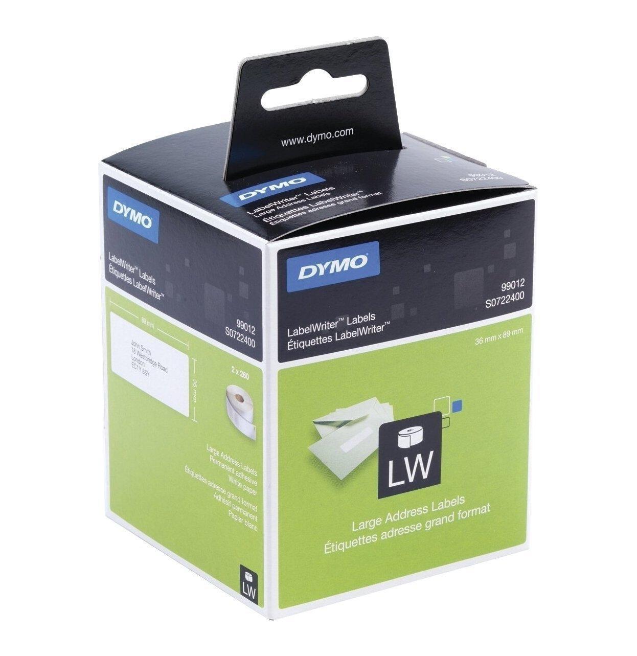 CAJA 2 ROLLOS 260 ETIQUETAS ADHESIVAS DYMO LABEL WRITER 99012 - S0722400 TAMAÑO 89X36 MM COLOR BLANCO